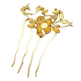 2 Pcs Golden Metal Side Comb Flower Leaves Chinese Style Wedding Veil Hair Clip Comb Hanfu 4 Teeth Hairpin Updo Accessory Hair Pin