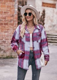 Women's Flannel Plaid Shacket Long Sleeve Button Down Flannel Shirts Plaid Jacket Coats With Chest Pocketed